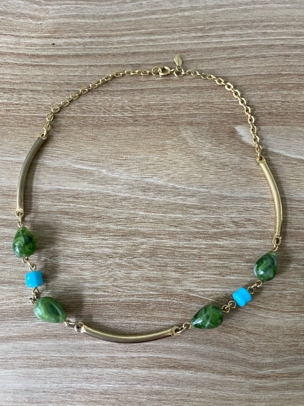Sarah Coventry Vintage Gold-Tone Necklace with Green Marbled and Turquoise Beads